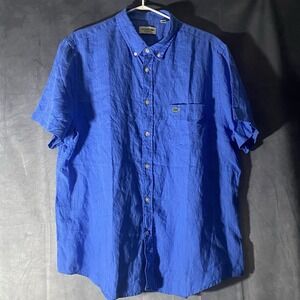 Lacoste Short Sleeve Blue Button Down 100% Linen Shirt XL Made In France